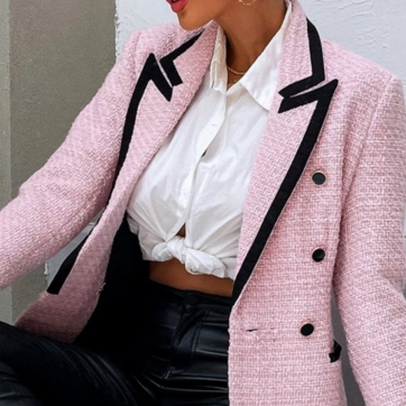 Black trimmed detailed Pink tweed Double Breasted Blazer - Picture 7 of 7
